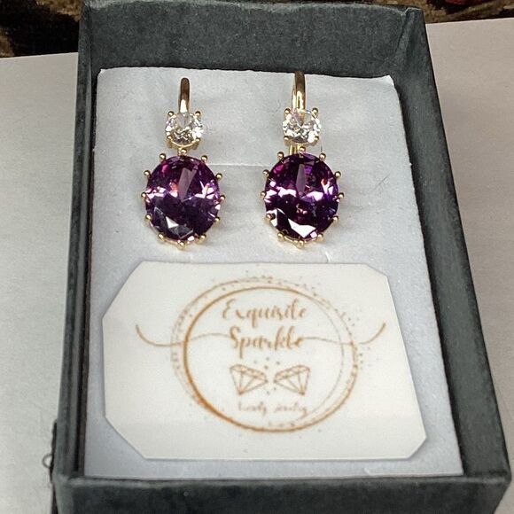 💜Elegant 10k Gold Vermeil Oval Cut Purple Amethyst Cz Diamond Hook Drop Earrings - Picture 8 of 16